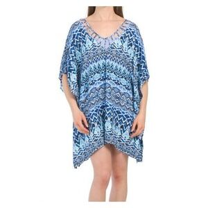 La Blanca Blue Ikat Swim Cover Up Tunic Dress S/M V-Neck Summer Beach Resort NWT